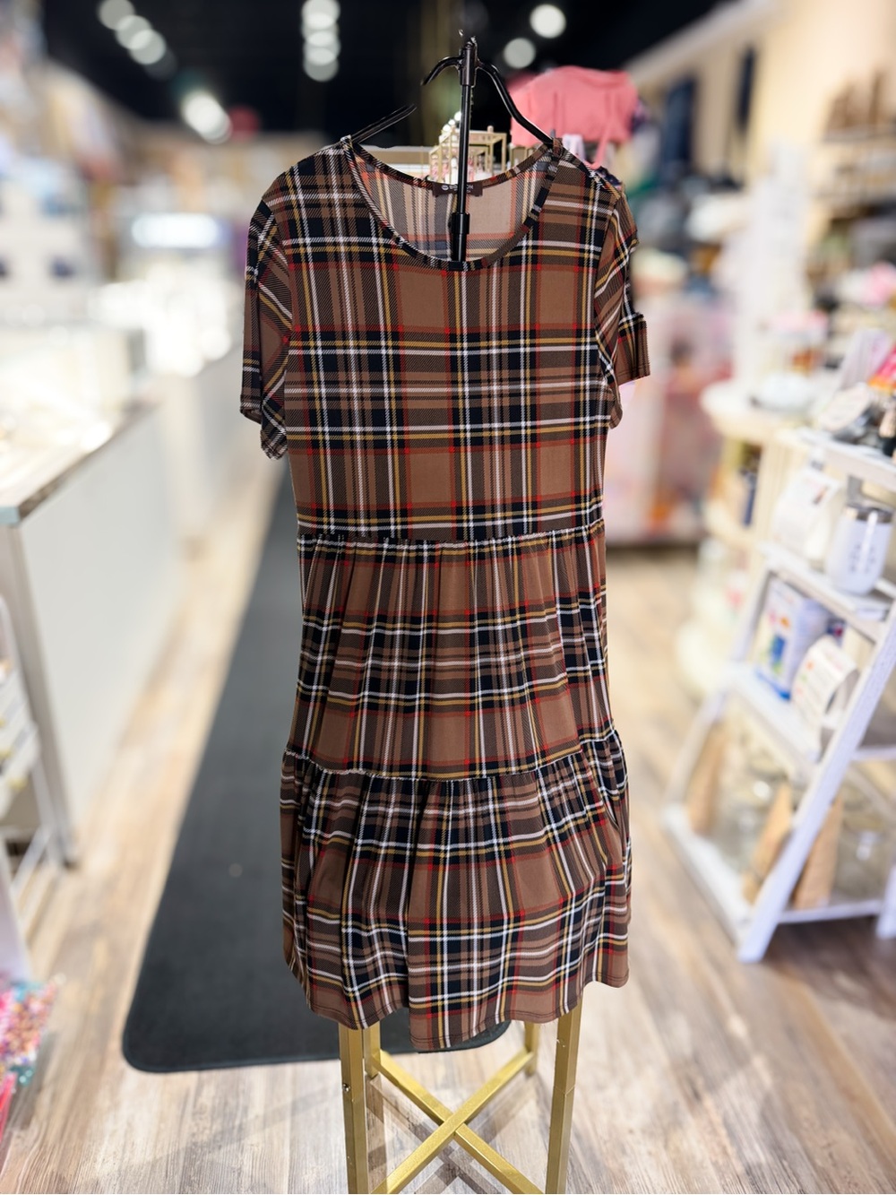 Brown Plaid Tiered Short Sleeve Dress